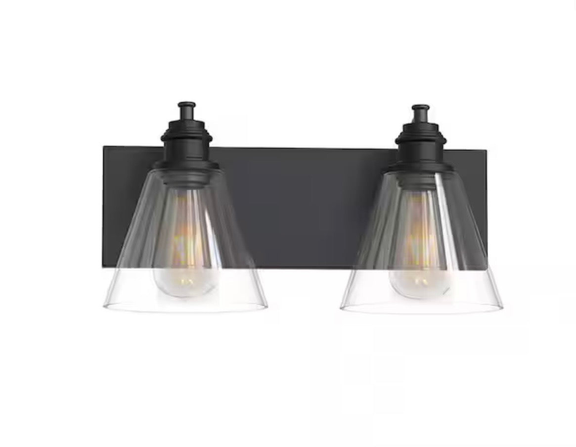 Manor 15.375 in. Width 2-Light Vanity Light Matte Black Finish Clear Glass Shades