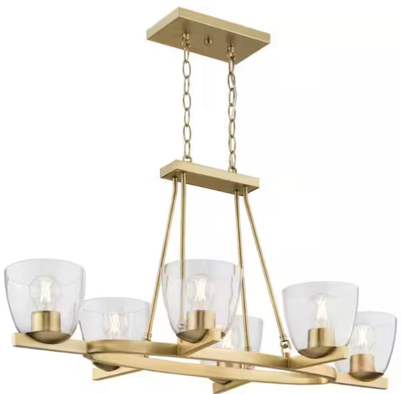 Tamassee Collection 6-Light Brushed Gold Updated Traditional Linear Chandelier with Clear Glass Shades for Dining Room