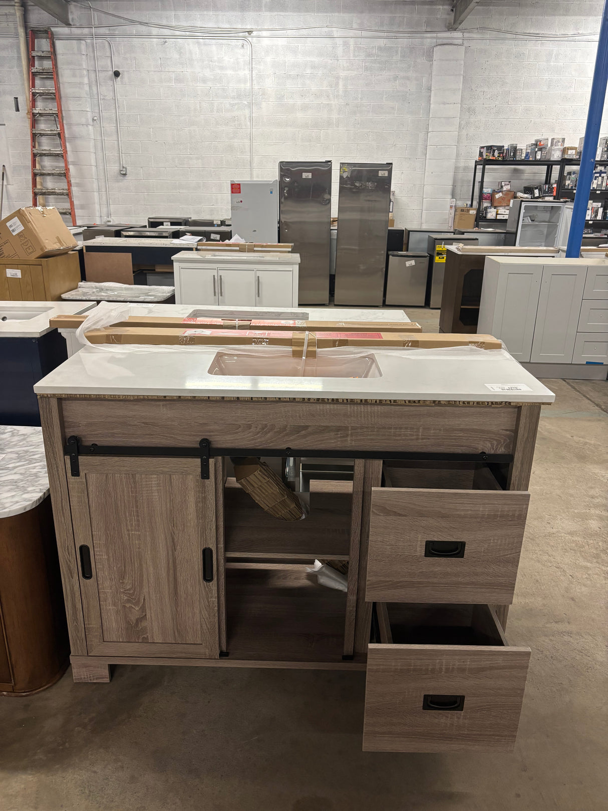 Brindley 48 in. W x 20 in. D x 34.5 in. H Barn Door Bath Vanity in Weathered Gray with Engineered Stone Top