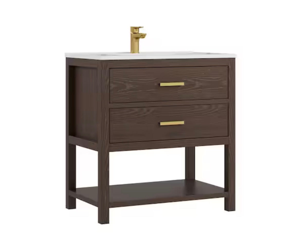 Magen 31 in. Single Sink Bath Vanity in Walnut with White Engineered Solid Surface Top and 2 Drawers (Unassembled)