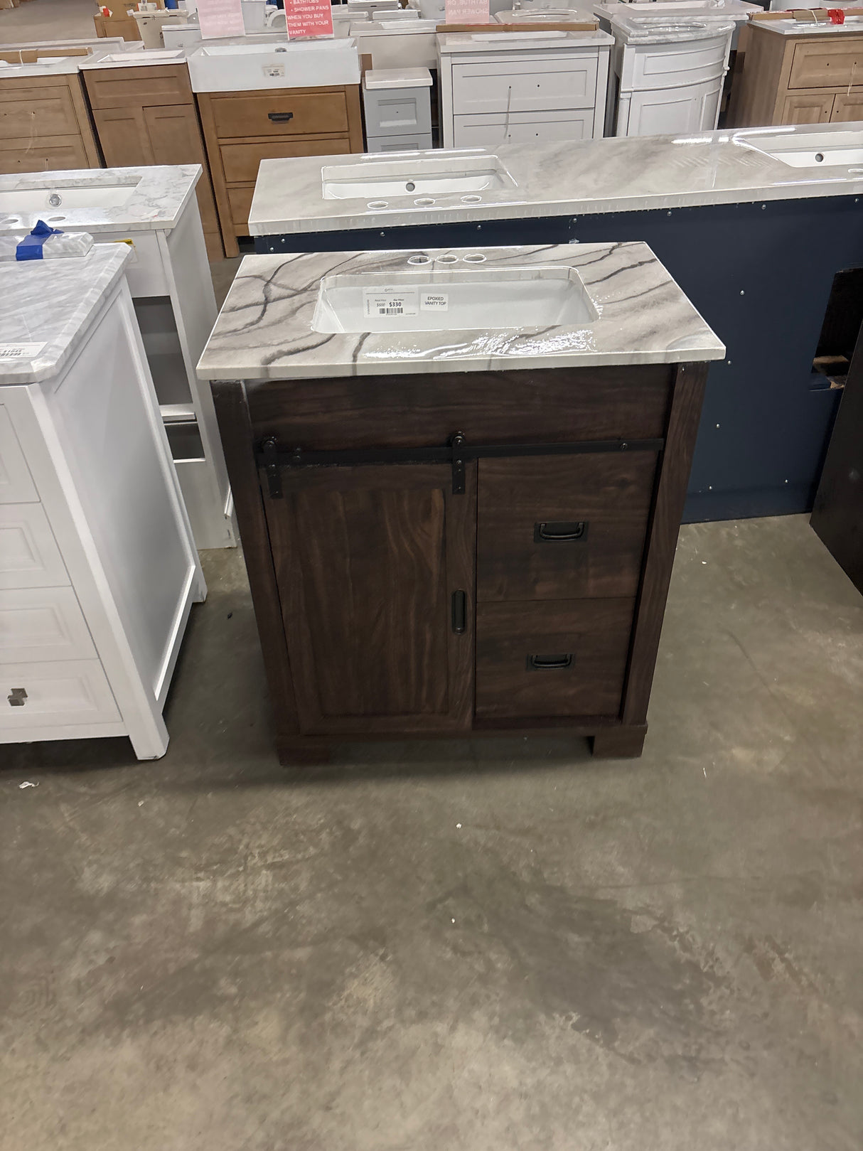 Brindley 30 in W x 20 in D x 35 in H Single Sink Freestanding Vanity in Dark Walnut w/Epoxied/Veined White Engineered Stone Top MM