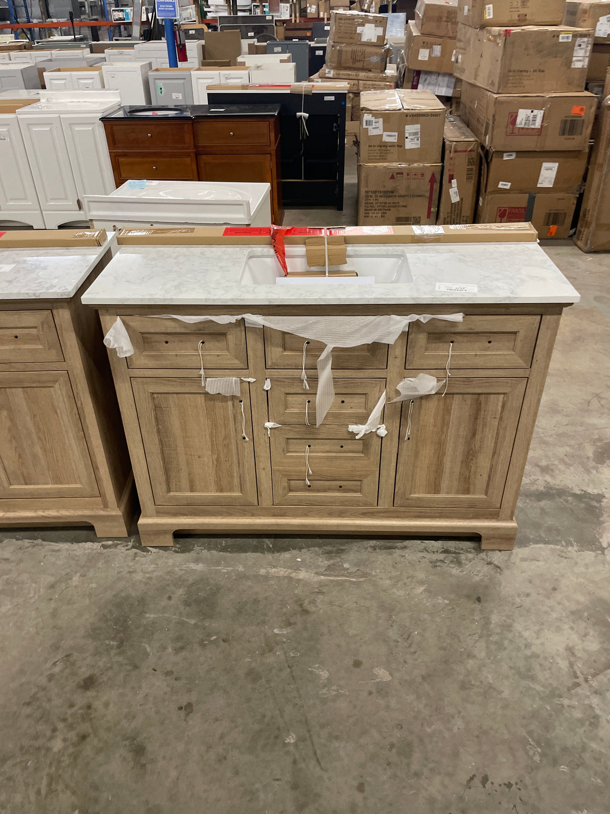 Doveton 48 in. W x 19 in. D x 34.50 in. H Freestanding Vanity in Weathered Tan with White Engineered Stone Top