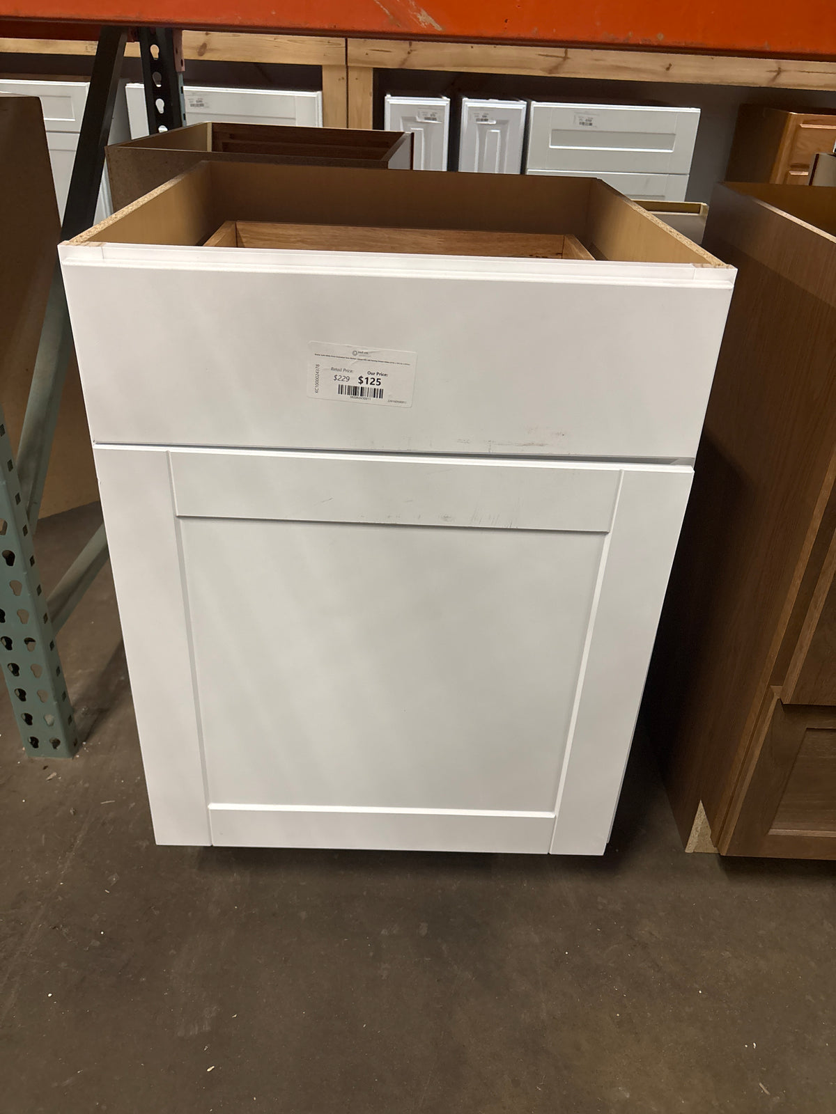 Shaker Satin White Stock Assembled Base Kitchen Cabinet with Ball-Bearing Drawer Glides (24 in. x 34.5 in. x 24 in.)