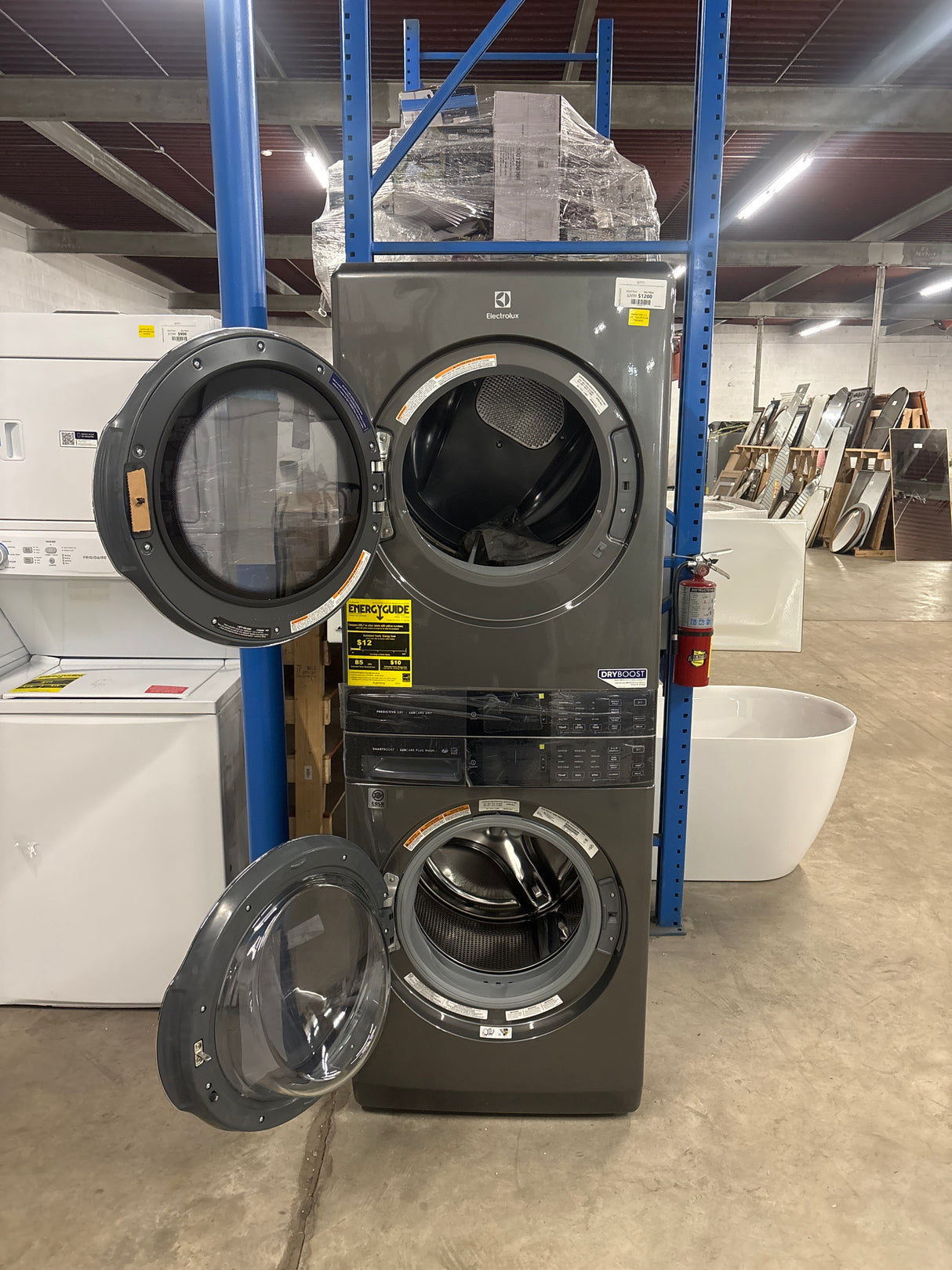 4.5 cu. ft. Stacked Washer and 8.0 cu. ft. Electric Dryer Laundry Tower in Titanium, SmartBoost Premixing, Energy Star