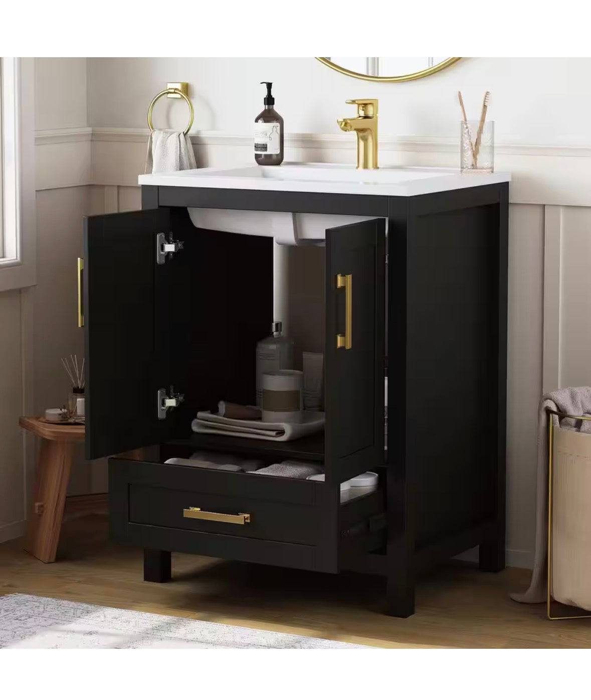 Raven 25 in.W Single Sink Black Freestanding Bath Vanity with White Engineered Solid Surface Top Unassembled