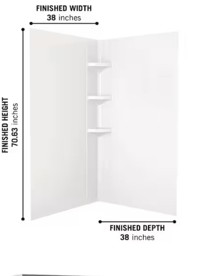 38 in. W x 70.63 in. H 3-Piece Glue Up Corner Shower Wall Surround in White