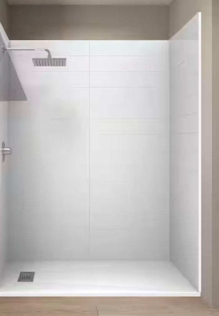 Subway Horizontal 32 in x 60 in x 84 in. Solid Composite Stone Alcove Shower Kit with Walls and White Pan Base L/R Drain