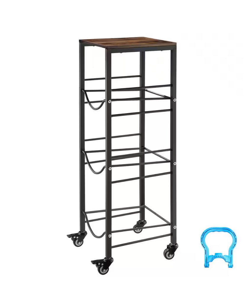 4-Tier Water Jug Rack, Organizer for 3 and 5 Gal. Bottles with Shelf and Wheels, Black and Brown, Heavy-Duty Stand
