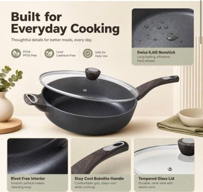 5 qt. Black Aluminum Nonstick Saute Pan with Lid Induction Pan Healthy Non-Toxic Cooking Pan with Helper Handle