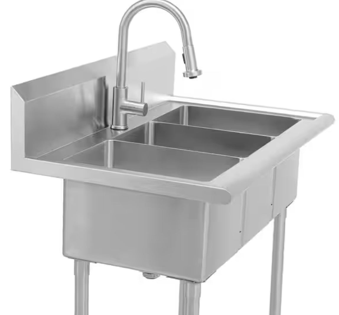 38 in. W x 24 in. D Freestanding Stainless Steel 3-Compartment Commercial Laundry/Utility Sink with Faucet and Drain