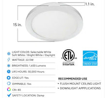 Load image into Gallery viewer, 15 in. 22.5-Watt White Integrated LED 1650 Lumens Edge-Lit Round Flat Panel Flush Mount Ceiling Light w/Color Changing
