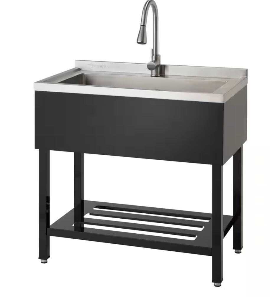 14 in. D x 30 in. W Freestanding Laundry/Utility Sink in Stainless Steel and Black with Pull-Out Faucet