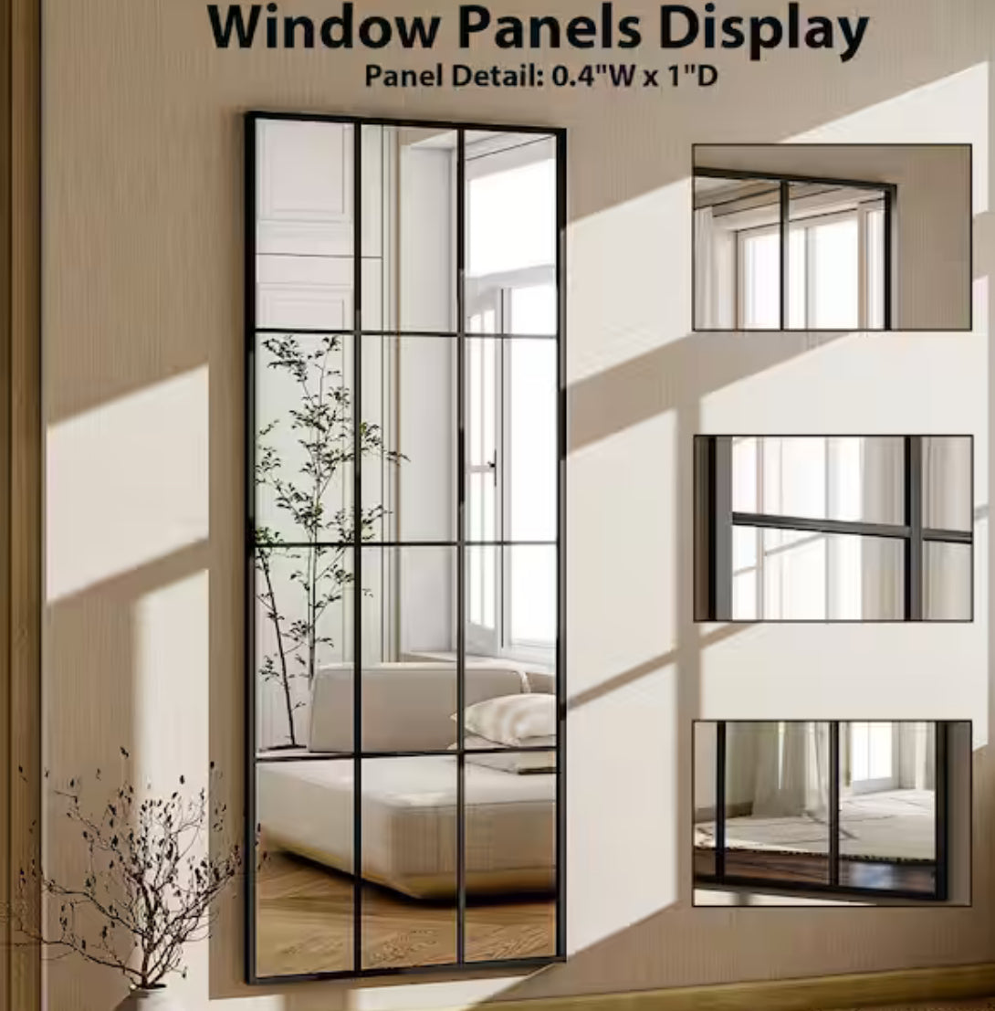 24 in. W x 65 in. H Modern Rectangular Metal Framed with Grids Black Full Length Wall Mirror