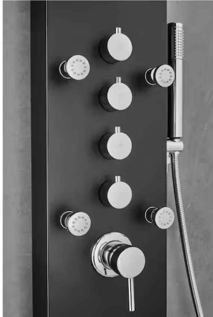 65 in. 8-Jet Shower Panel System in Space Gray Brushed Stainless Steel with Rainfall Waterfall Shower Head and Wand