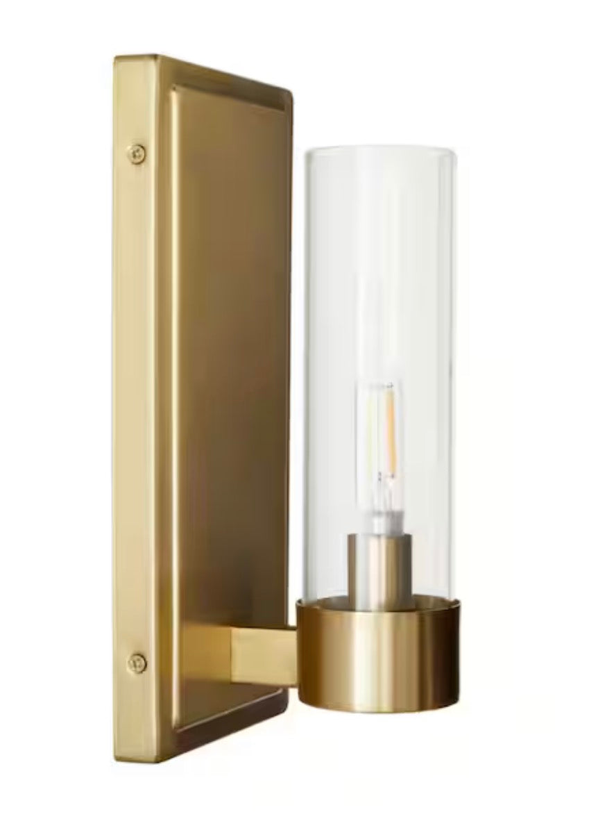 Closmere 5 in. 1-Light Brushed Gold Mid-Century Modern Wall Sconce with Clear Glass Shade