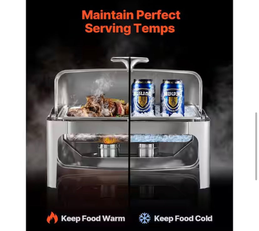 Roll Top Chafing Dish Buffet Set, 9Qt Stainless Steel Chafer with Pan, Rectangle Catering Warmer with Lid, Stand, Silver