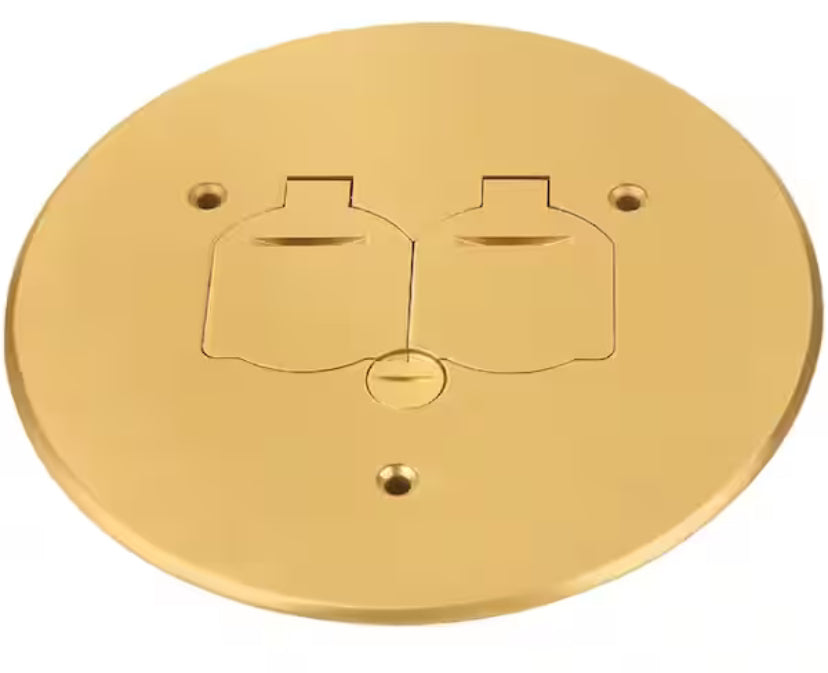 Low-Profile Round Floor Box Outlet Cover with 15A TR Duplex Receptacle and 2 Lift Lids, Brass
