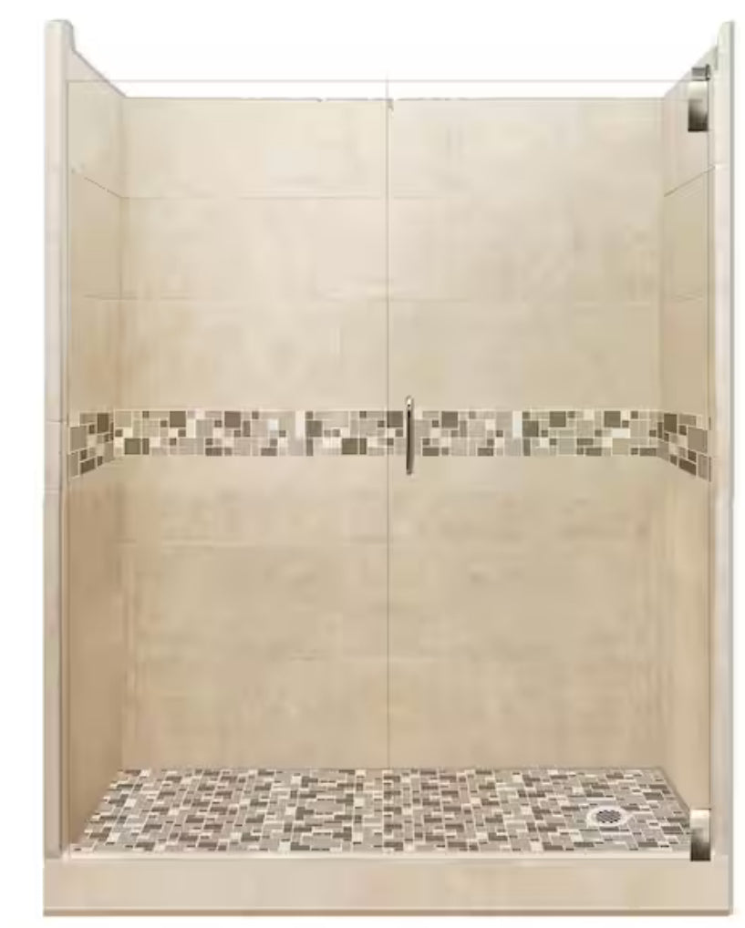 Tuscany Grand Hinged 36 in. x 60 in. x 80 in. Right Drain Alcove Shower Kit in Brown Sugar and Satin Nickel Hardware