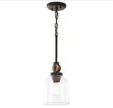 Load image into Gallery viewer, Knollwood 7 in. 1-Light Black Bronze Vintage Brass Accents Industrial Mini Pendant Light for Kitchen Bulb Included

