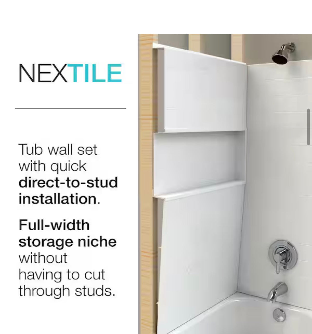 NexTile 32 in. W 60 in. H Composite Direct-to-Stud Four-Piece Alcove Tub Wall Kit in White