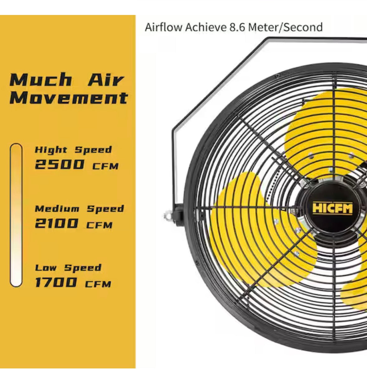 HICFM 12 in. 2500 CFM Yellow Wall Mounted Fan, 3-Speed High Velocity, IP44 Motor for Garage, Barn, Warehouse Use