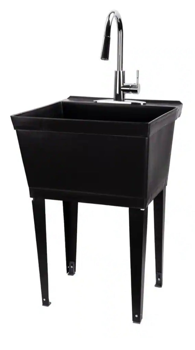Complete 22.875 in. x 23.5 in. Black 19 Gal. Utility Sink Set with Metal Hybrid Chrome High Arc Pull-Down Faucet