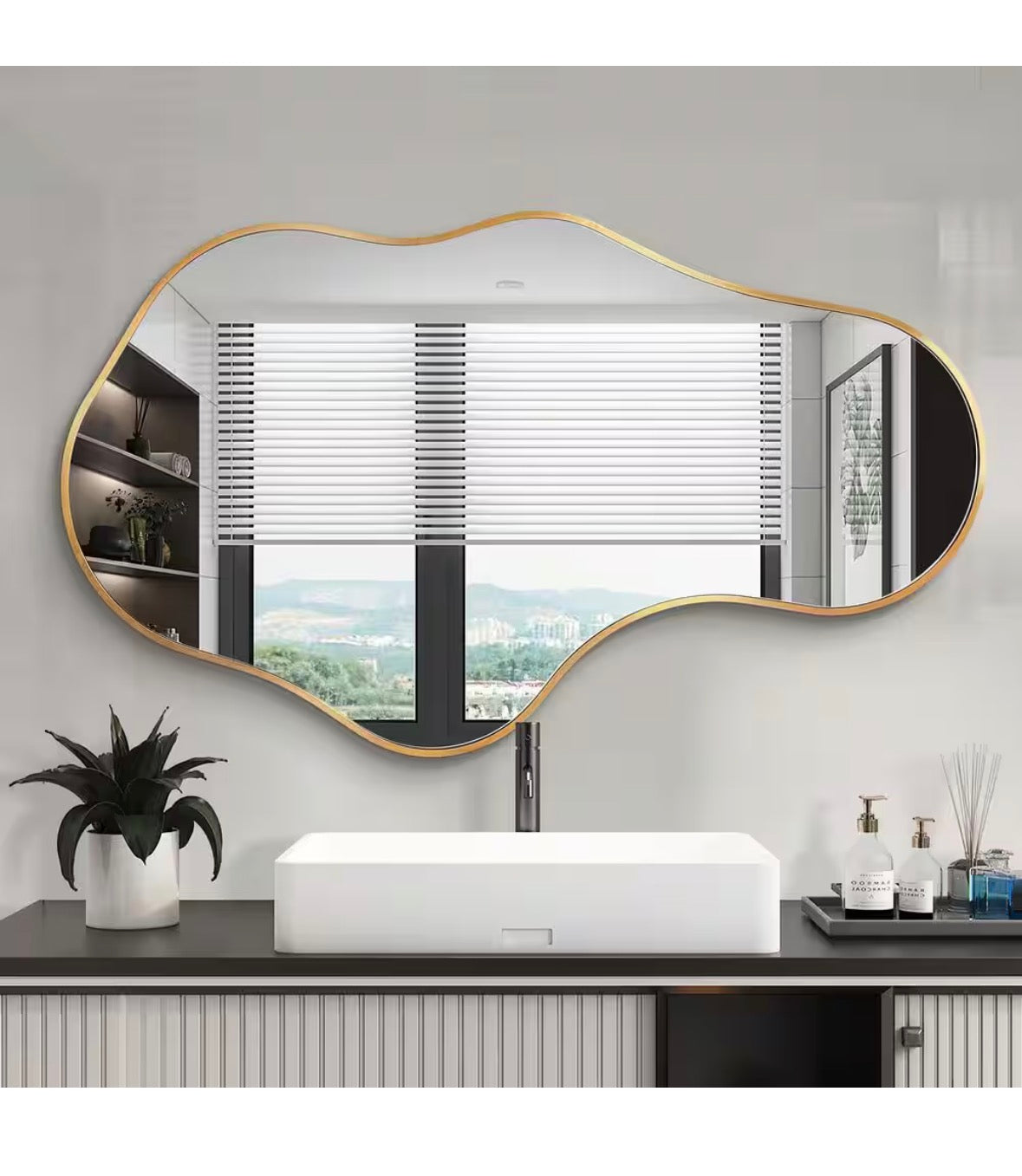 22 in. W x 36 in. H Irregular Gold Aluminum Alloy Framed Asymmetrical Wall Mirror