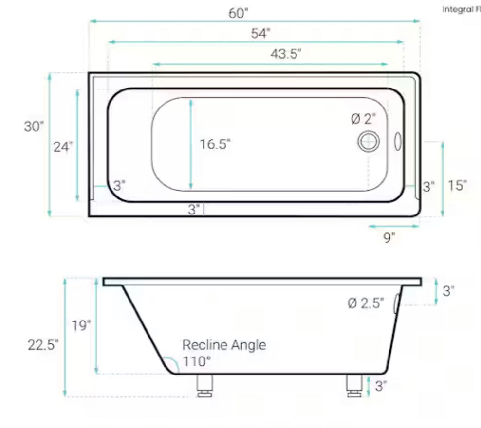 Voltaire 60 x 30 in. Acrylic Right-Hand Drain with Integral Tile Flange Rectangular Drop-in Bathtub in white