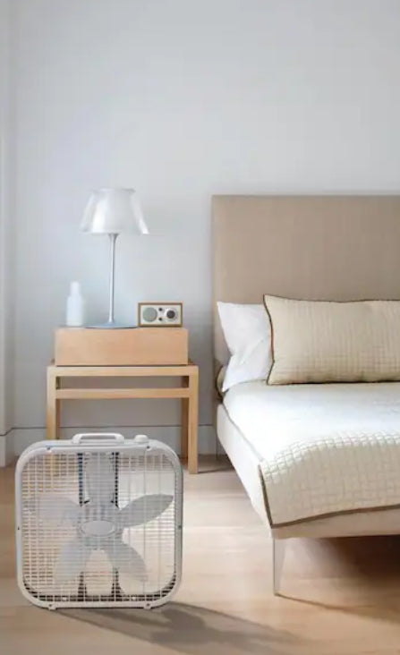 30 in. 3 Speeds Box Fan in White with Save-Smart Technology for Energy Efficiency, Carry Handle