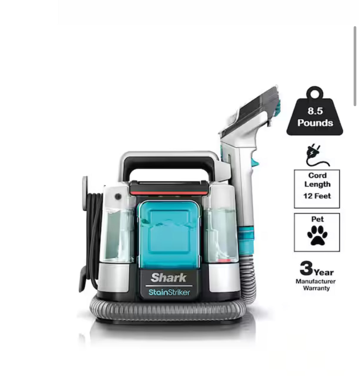 StainStriker Portable Corded Upholstery, Car, Rug and Carpet Cleaner with Spot and Pet Odor Remover in White