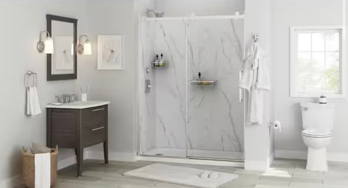 Passage 32 in. W x 72 in. H Four piece Glue Up Laminate Alcove Shower Wall Set in Serene Marble