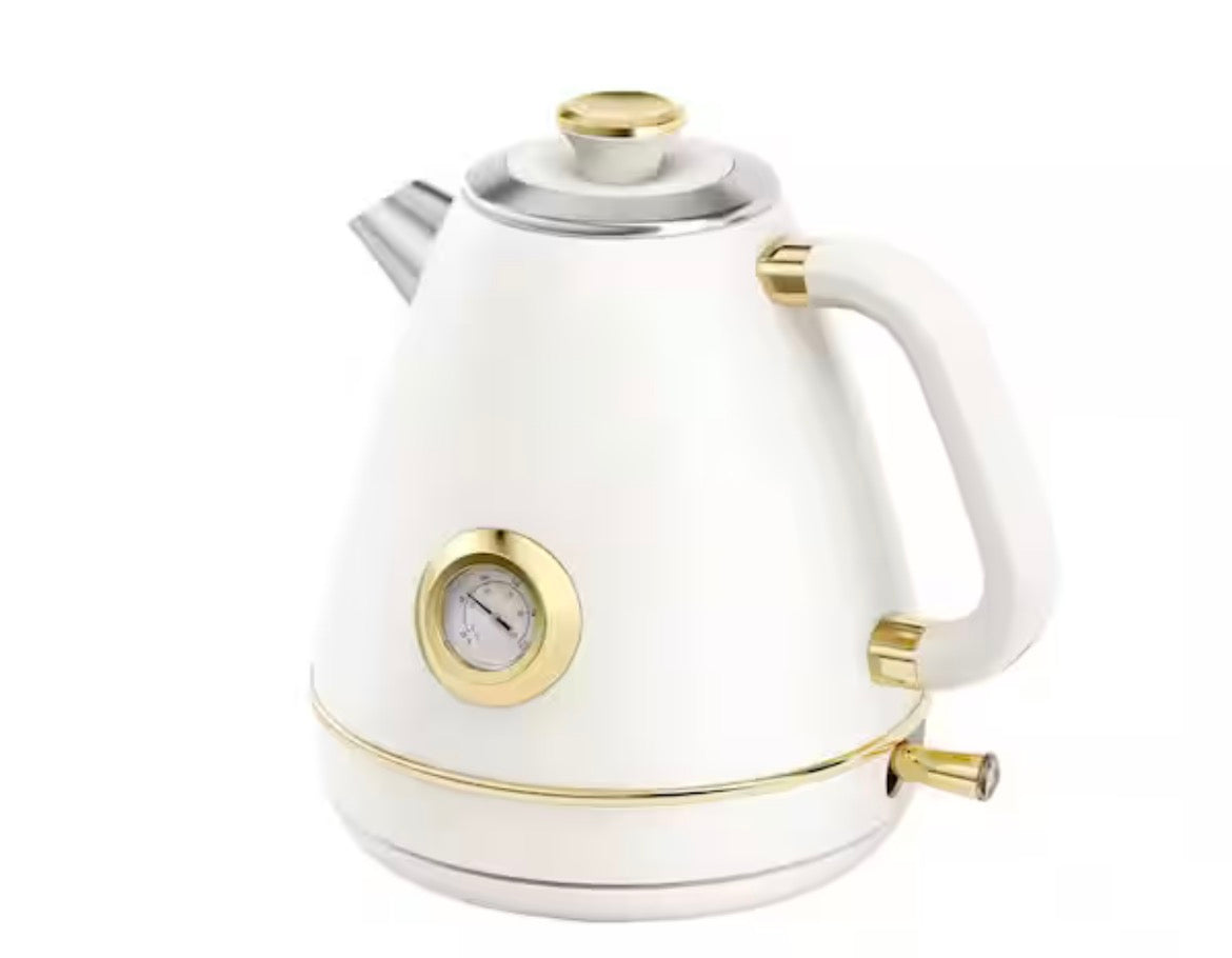 Pearl White Stainless Steel 57.5 fl. oz. Retro Electric Kettle with Thermometer 1200 W Cordless Off 3 of Cups
