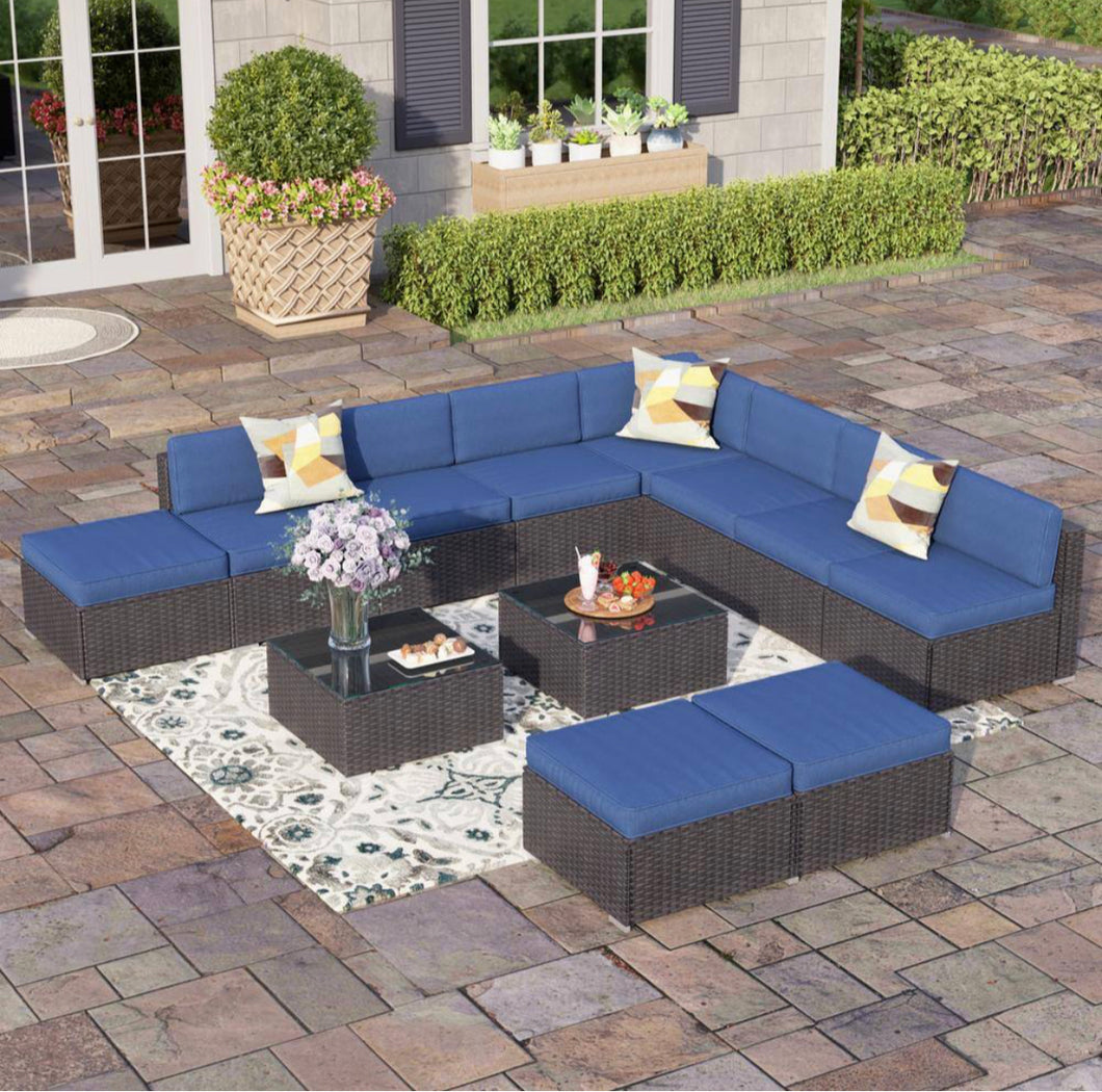 Dark Brown 10 Seat 12-Piece Rattan Wicker Steel Patio Outdoor Sectional Set with Blue Cushions, Ottoman, 2 Coffee Tables