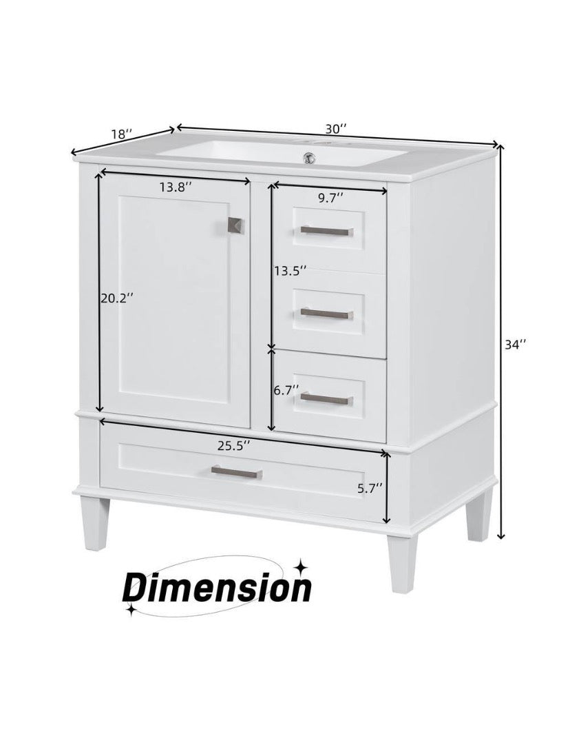 30 in. W x 18.3 in. D x 34 in. H Single Sink Freestanding Bath Vanity in White with White Ceramic Top