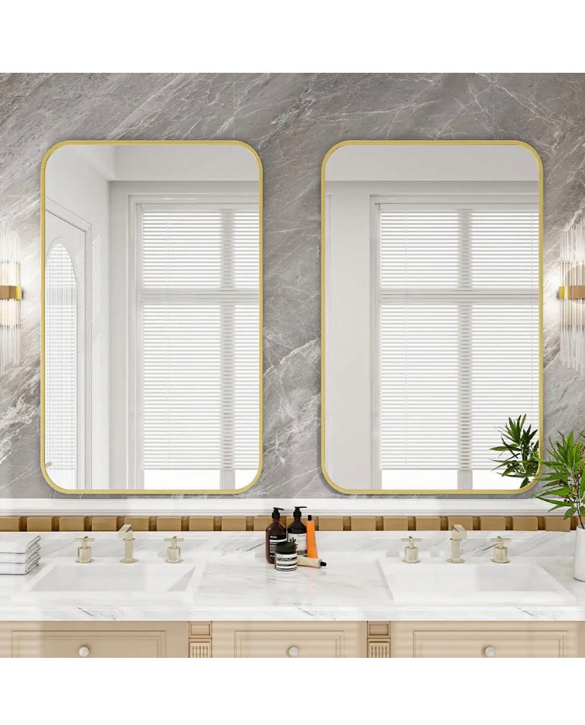 30 in. W x 48 in. H Rectangular Modern Aluminum Alloy Framed Rounded Gold Wall Mirror