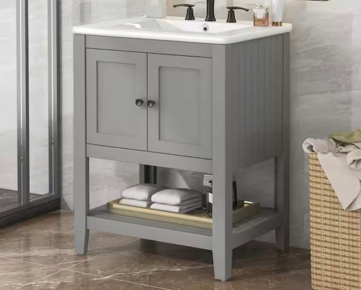 23.70 in. W x 17.80 in. D x 33.60 in. H Gray Modern Bathroom Vanity Ceramic Sink Top with Solid Wood Frame Shelf
