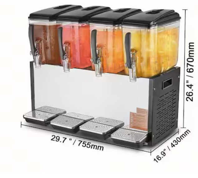 4 Tanks 12L Commercial Beverage Dispenser, Juice Tea Drink Machine, 510W Stainless Steel, 45°F-54°F Cooling