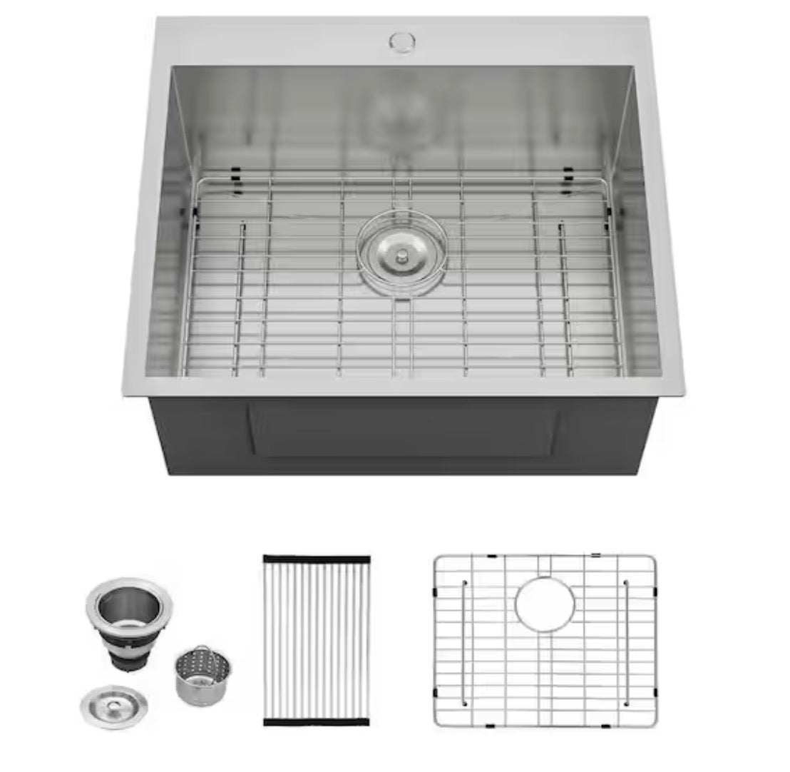 25 in. D x 22 in. W x 12 in. H Drop-In Laundry/Utility Sink Single Bowl 16-Gauge Stainless Steel with Strain Basket