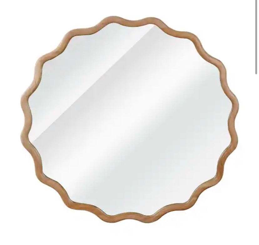 36 in. W x 36 in. H Wavy Round Solid Wood Framed Bathroom Mirror Wall Mirror in Natural Wood Brown