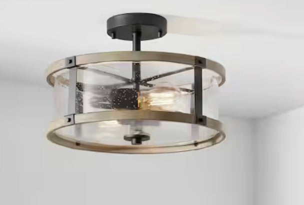 Richland 2-Light Grey Wood Semi Flush Mount Clear Seedy Glass