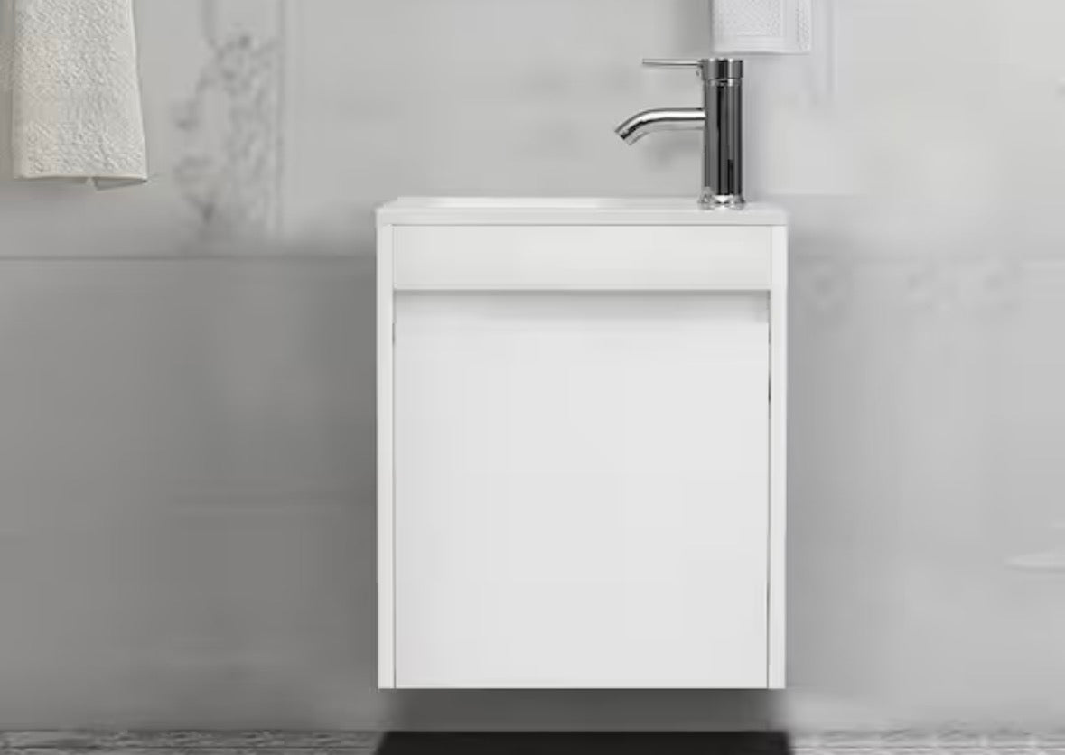 16 in. W x 9.8 in. D x 20.3 in. H Wall-Mounted Bathroom Vanity Set in White with Resin Sink and Faucet Drain P-Trap