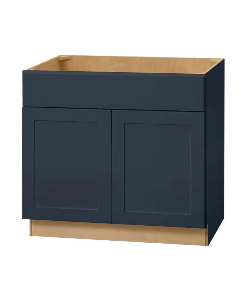 Avondale 36 in. W x 24 in. D x 34.5 in. H Ready to Assemble Plywood Shaker Sink Base Kitchen Cabinet in Ink Blue
