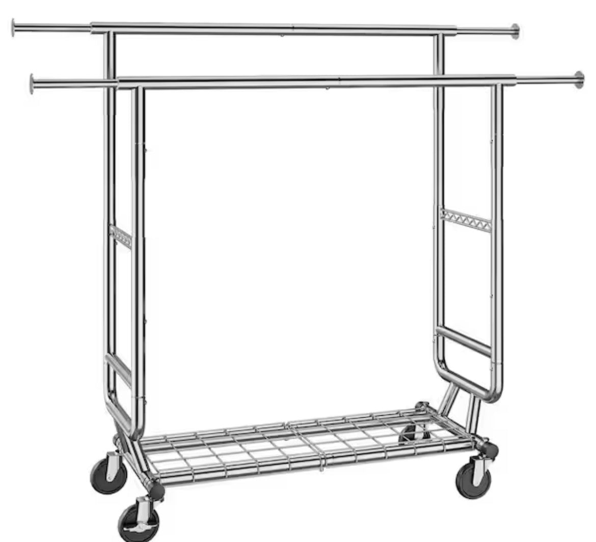 Heavy Duty Clothes Rack, Double Hanging Rod Clothing Garment Rack for Hanging Clothes, Adjustable Height Silver