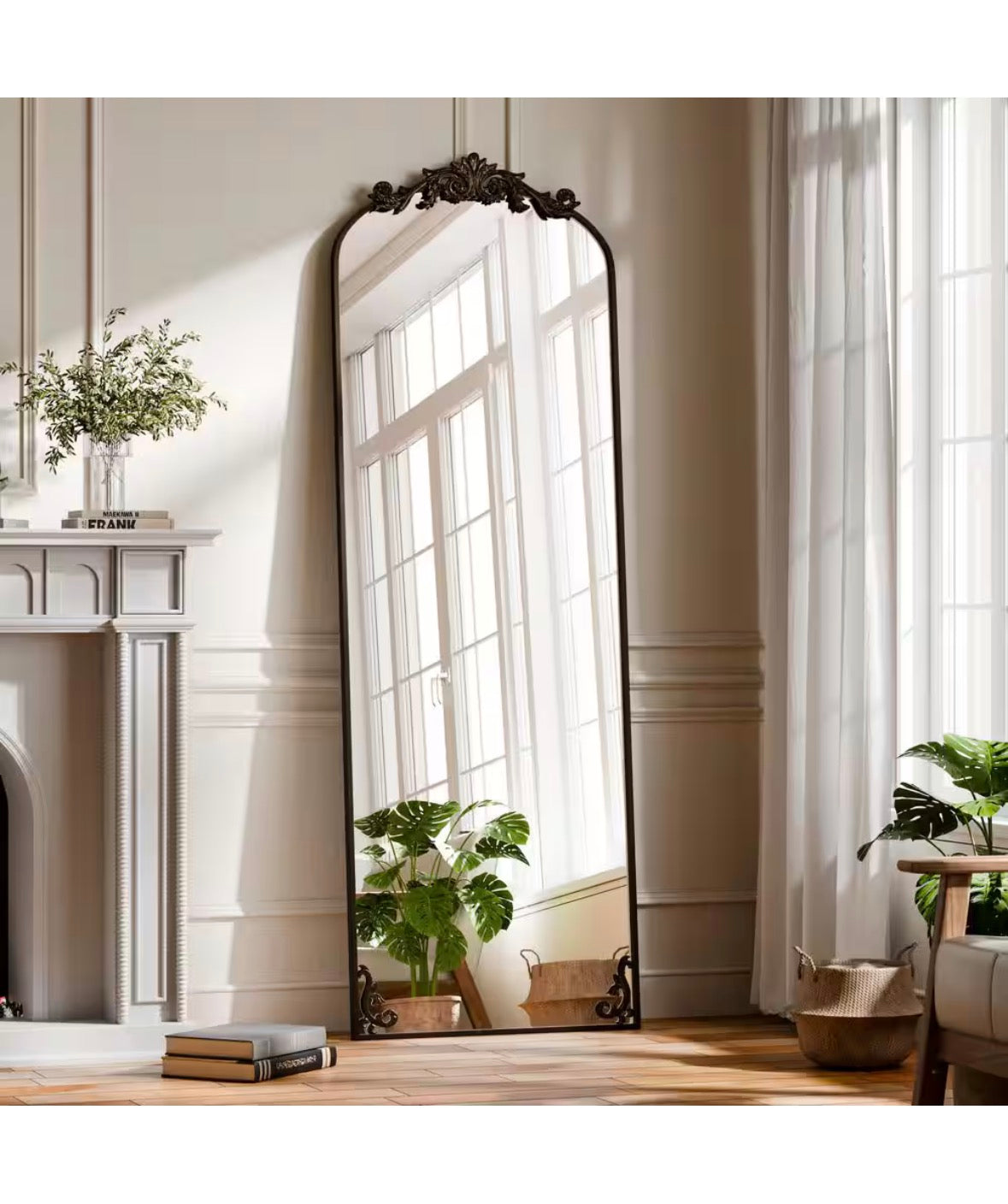 21 in. W x 64 in. H Arched Bronze Metal Framed with Carved Decoration Full Length Mirror