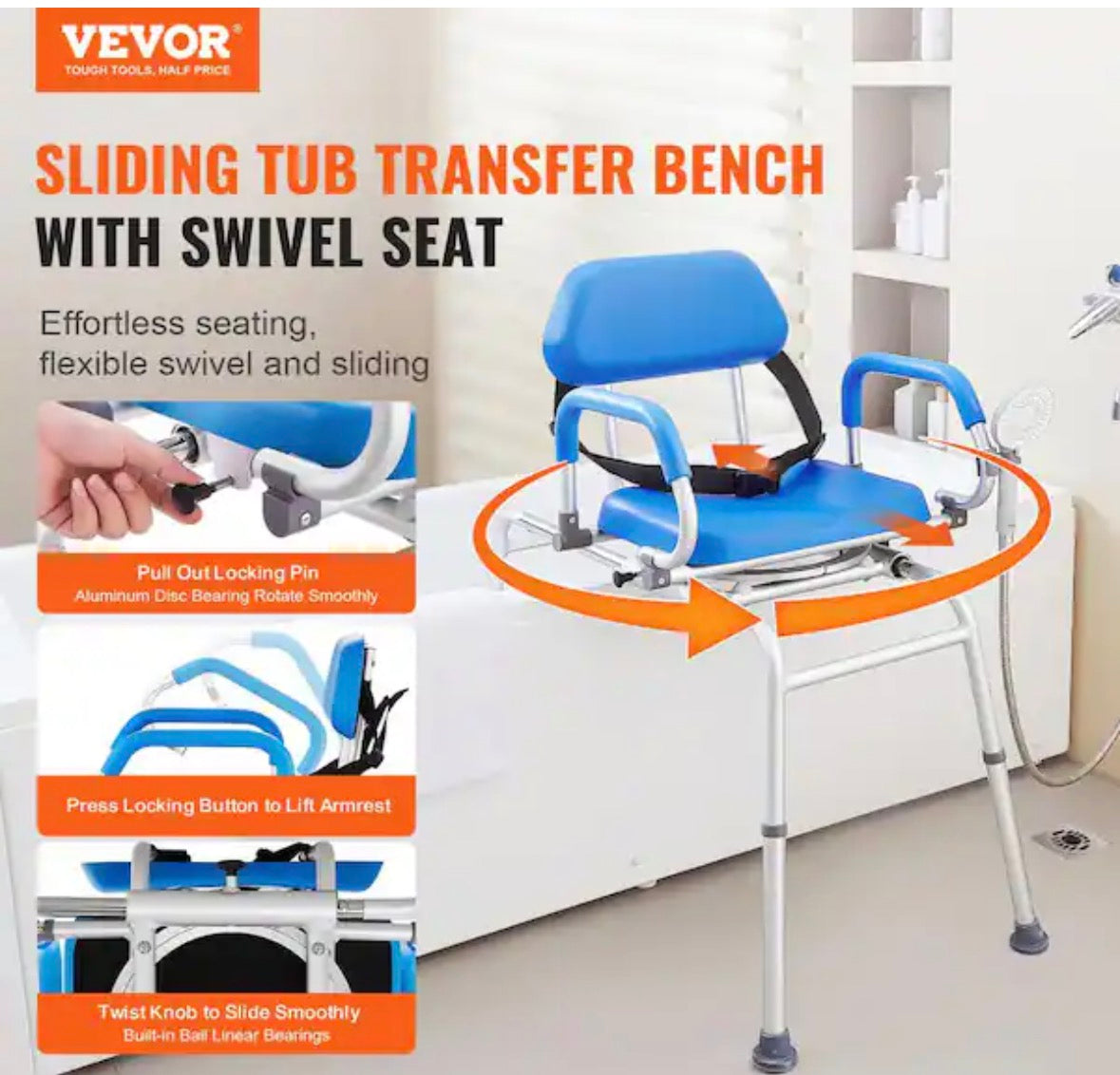 Sliding Tub Transfer Bench 13 in. W Freestanding Shower Bench Reversible Backrest Shower Bench in White