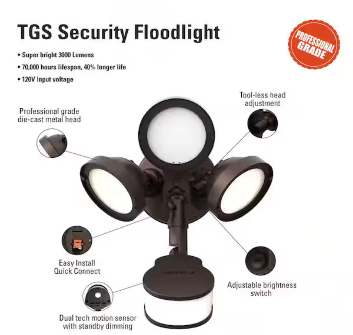 TGS 27-Watt, Bronze, Motion Activated, Outdoor Integrated LED Flood Light with Round Triple Head, 4000K, 3000 Lumens