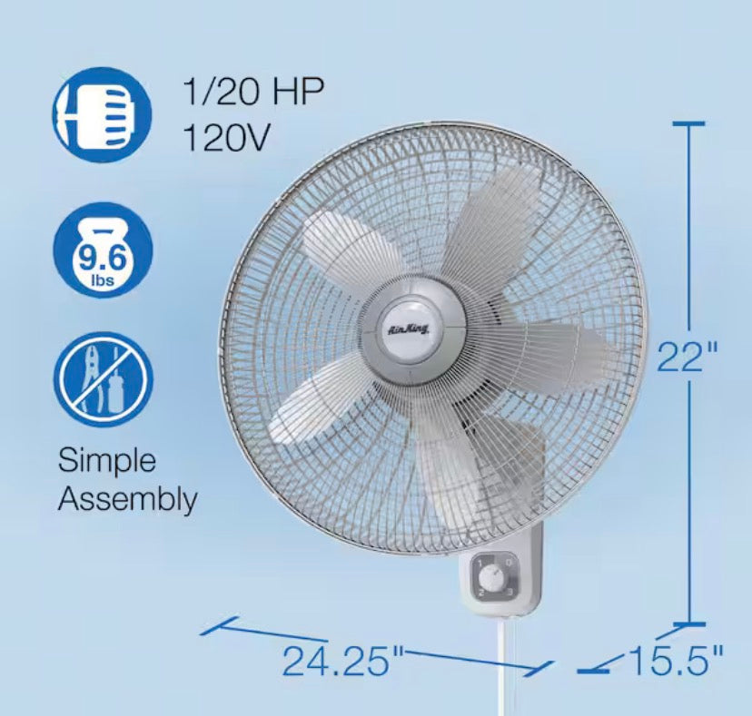 18 in. 3 Speed Oscillating Wall Mount Fan with Adjustable Head, Commerical Grade Speed, and Easy Assembly in Gray