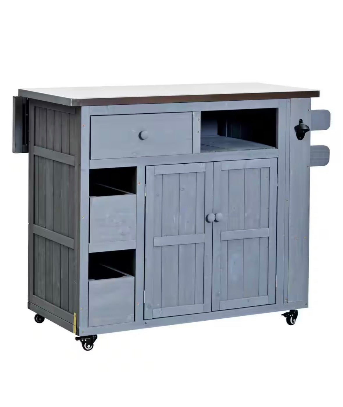 Gray Stainless Steel Top Kitchen Cart with Side Spice Rack, Drawers, Storage Cabinet