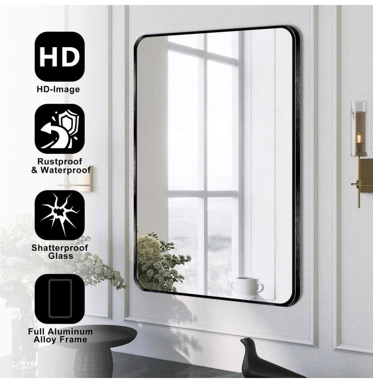 24 in. W x 36 in. H Black Vanity Rectangle Wall Mirror Aluminum Alloy Frame Bathroom Mirror