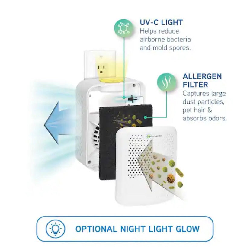 Allergen Filter Pluggable Air Purifier 7 in. White for Home with UV-C, Nightlight, Allergens, Dust, Pollen, Pet Dander